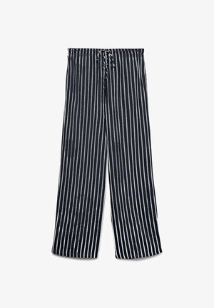 Marineblauwe broek met witte verticale strepen, elastische tailleband en verstelbaar trekkoord voor een relaxte pasvorm.