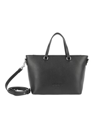 Schwarze Lederhandtasche mit zwei oberen Griffen, abnehmbarem Schulterriemen und geprägt JOOP! Logo auf der Vorderseite.