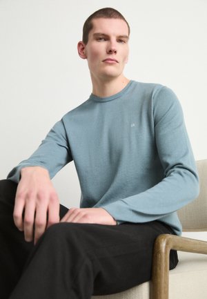 Maglione a maniche lunghe crew-neck azzurro chiaro, in maglia texture, con piccolo logo sul petto; il modello indossa pantaloni neri, seduto su una sedia di colore neutro.