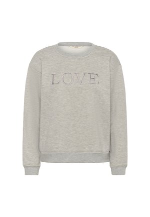 Gray sweatshirt with long sleeves and a crew neck; features the word "LOVE" in purple embroidery across the front. Soft, textured fabric.