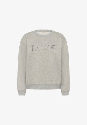 Šedá mikina s dlhými rukávmi a okrúhlym výstrihom; na prednej strane sa nachádza slovo "LOVE" vyšívané fialovou niťou. Mäkkučký, textúrovaný materiál.