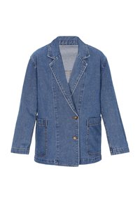 Középkék farmerblézer, مخروطított hajtókákkal, hosszú ujjak, két elülső zsebből és gombos záródásból áll, látható varrási részletekkel.