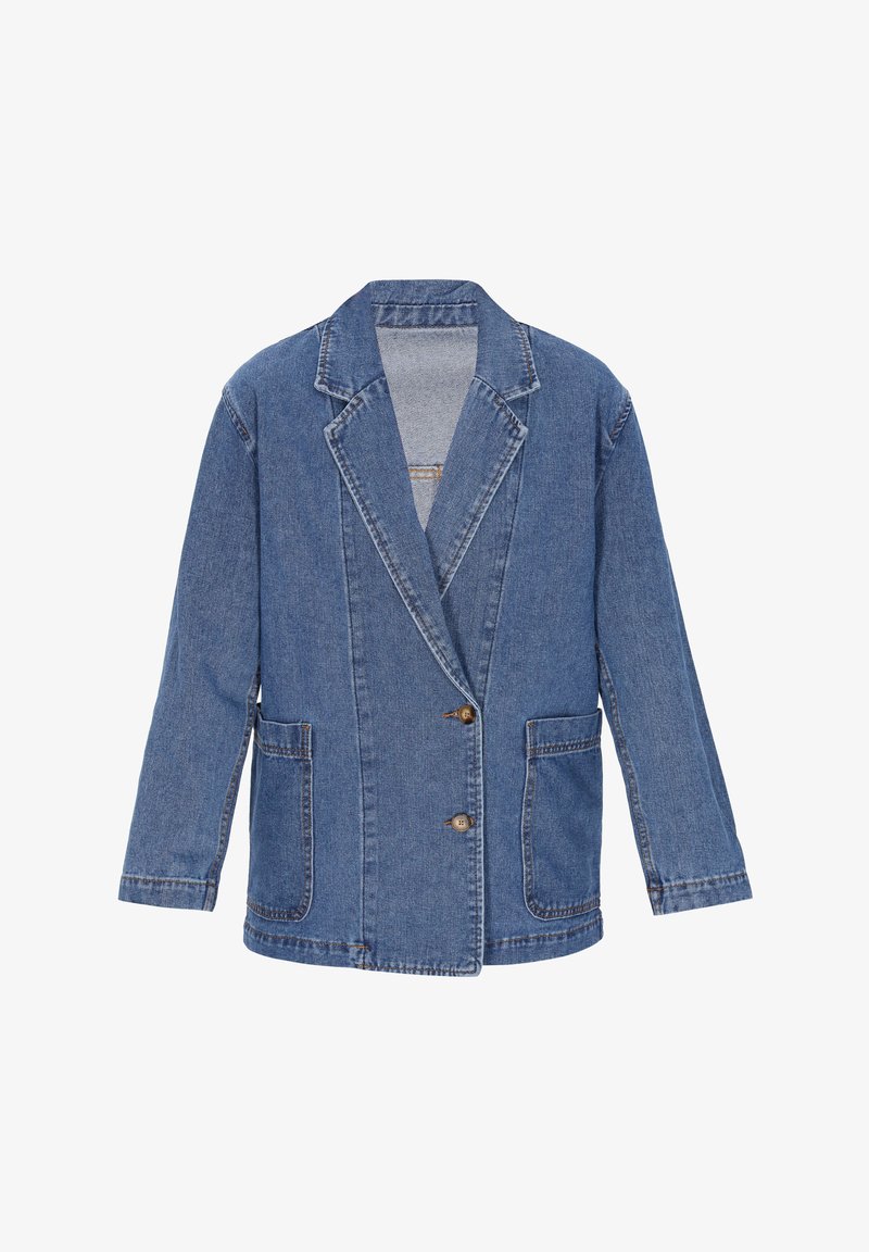 Középkék farmerblézer, مخروطított hajtókákkal, hosszú ujjak, két elülső zsebből és gombos záródásból áll, látható varrási részletekkel.