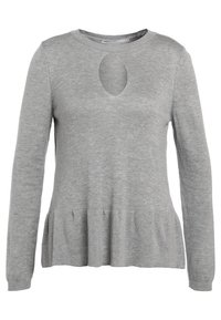 Grauer Langarmpullover mit einem runden Ausschnitt und einem Cut-out-Detail an der Vorderseite. Verfügt über einen Peplum-Saum und einen weichen, strukturierten Stoff.