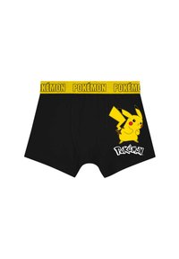 Boxers noirs avec une ceinture jaune comportant un texte "Pokémon" répété et un graphique de Pikachu sur la jambe droite au-dessus du logo Pokémon.