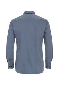 Herren Langarmhemd aus leichtblauem Stoff mit klassischem Kragen, Knopfmanschetten und glatter Textur ohne Muster. Rückansicht dargestellt.
