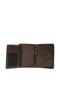 Bruine leren portemonnee met een vak met ritssluiting, meerdere kaarthouders en een gaasvenster voor een ID-kaart. Zachte textuur en zichtbare stiknaden.