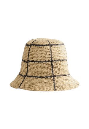 Chapeau bob tissé beige avec large bord et lignes de motif en grille noire sur toute la surface.