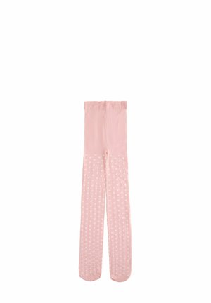 Roze kinderpanty's met witte hartpatronen op de benen, voorzien van een effen roze tailleband en voetgedeelten.