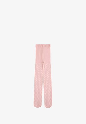 Rosa børnetights med hvide hjerte-mønstre på benene, med en ensfarvet rosa linning og fodede ender.
