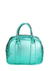 Borsa metallic turquoise con forma strutturata, superficie texture, doppi manici e chiusura a zip in alto.