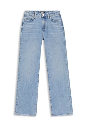 Hellblaue Jeans mit weitem Bein aus Denim, mit Knopfverschluss, Vordertaschen und verwaschener Textur. Verfügt über ein klassisches Fünf-Taschen-Design.