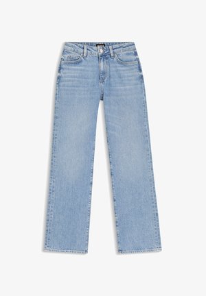 Hellblaue Jeans mit weitem Bein aus Denim, mit Knopfverschluss, Vordertaschen und verwaschener Textur. Verfügt über ein klassisches Fünf-Taschen-Design.