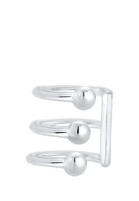 Anello in metallo argentato con tre fasce orizzontali e due accenti sferici. Il design presenta superfici lisce e lucide e una struttura minimalista.
