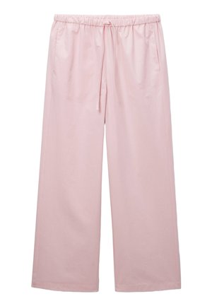 Pantalon large rose avec taille élastique et cordon de serrage, doté de poches latérales et d'un tissu lisse et léger.
