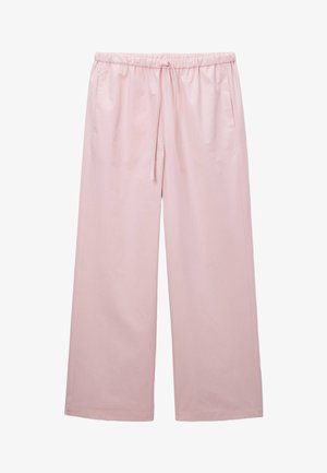 Pantalon large rose avec taille élastique et cordon de serrage, doté de poches latérales et d'un tissu lisse et léger.