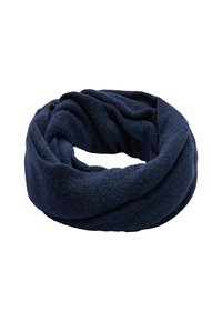 Granatowy szalik w postaci nieskończoności, wykonany z miękkiego, teksturowanego materiału o gładkim wykończeniu. Skręcony design pozwala na wszechstronne stylizowanie i zapewnia ciepło.