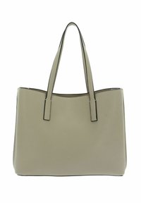 Borsa tote in pelle grigia chiara con due manici lunghi, texture liscia e dettagli di bordatura nera. Forma semplice e rettangolare, design con apertura superiore.