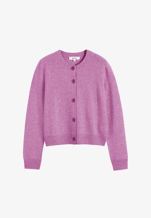 Cardigan violet en matière douce, avec un col rond, une fermeture boutonnée à l'avant, et des poignets et une taille côtelés. Design simple et léger.