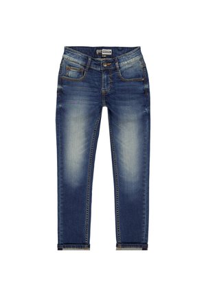 Mittelhohe blaue Denim-Jeans mit einem ausgewaschenen Finish, fünf Taschen, Gürtelschlaufen und einem Reißverschluss. Der Saum ist leicht ausgefranst.