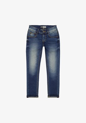 Middels høje blå denimjeans med en bleget vask, fem lommer, bæltestropper og lynlås lukning. Læggen er let fransede.