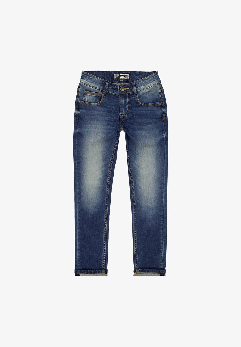 Jeans en denim bleu à taille moyenne avec un lavage décoloré, cinq poches, passants de ceinture et fermeture à glissière. L'ourlet est légèrement effiloché.