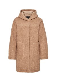 Manteau teddy beige avec manches longues, grandes poches avant, fermeture à boutons et capuche attachée, fabriqué en tissu doux texturé.