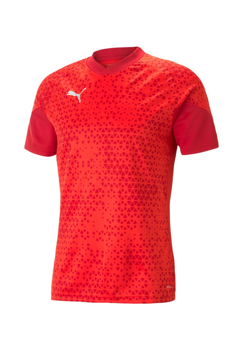 Maglietta sportiva rossa con un motivo triangolare, maniche corte e colletto a contrasto. Realizzata in un tessuto traspirante con un logo sul petto.
