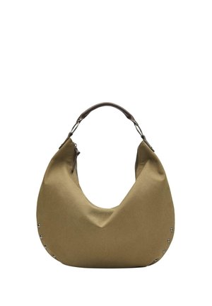 Olive green hobo handbag with soft slouchy shape, dark brown leather handle, and small metal studs along the bottom sides.