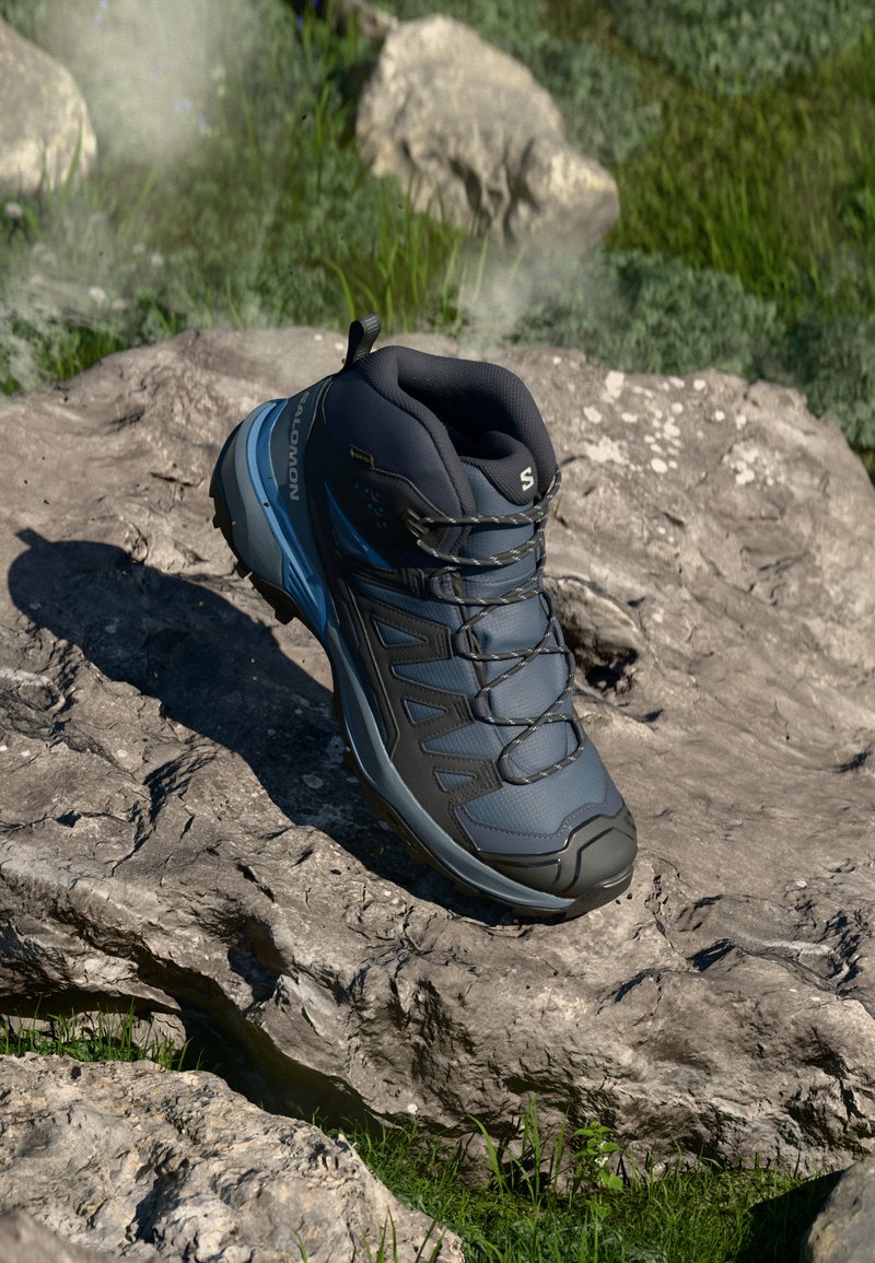 Blå og svarte tursko hviler på en stor stein med gress og mindre steiner i bakgrunnen.