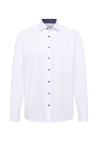 Camicia bianca a maniche lunghe in tessuto liscio. Caratterizzata da un colletto a pois blu navy e bottoni blu navy. Include una tasca sul petto sul lato sinistro.