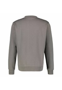 Sudadera gris con un diseño simple, puños acanalados y un escote redondo. Fabricada con material suave, presenta una textura lisa y sin gráficos.