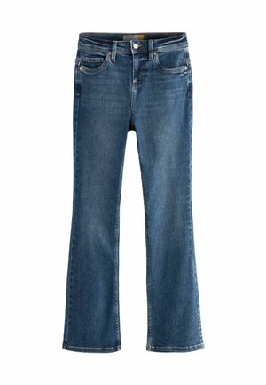 Jean bootcut bleu avec poches avant, passants de ceinture et fermeture par bouton, présenté à plat sur fond blanc.
