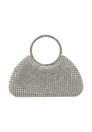 Pieni hopeinen iltalaukku, joka on koristeltu strasseilla ja jossa on pyöreä, strassein peitetty kahva valkoisella taustalla.