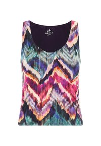 Ärmelloses, mehrfarbiges Tanktop mit einem Zickzackmuster in Pink, Lila und Türkis. Hergestellt aus einem strukturierten, elastischen Stoff.