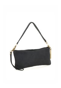 Borsa a pochette in pelle nera con forma allungata e piatta, tracolla staccabile e dettagli in metallo dorato. Texture liscia, design minimalista.