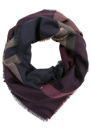 Miękki wełniany szalik złożony w kształt koła, w kratkę w kolorach granatowym, bordowym, beżowym i zielonym, z frędzlami na krawędziach.