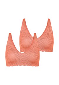 Deux soutiens-gorge simples de couleur corail, fabriqués dans un tissu texturé et élastique, avec un décolleté en V et des bords festonnés.