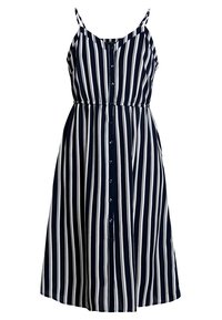 Vestito senza maniche blu navy con strisce verticali bianche, chiusura a bottoni frontale, vita elastica e gonna fluida.