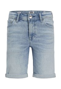 Shorts in denim azzurro chiaro con orli arrotolati, cinque tasche e chiusura frontale con bottone. Presentano una leggera tessitura sbiadita e passanti per cintura standard.