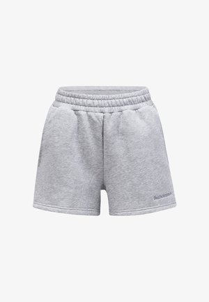 Hellgraue Sportshorts mit elastischem Bund, seitlichen Taschen und kleinem "Peak Performance"-Logo am unteren linken Bein.