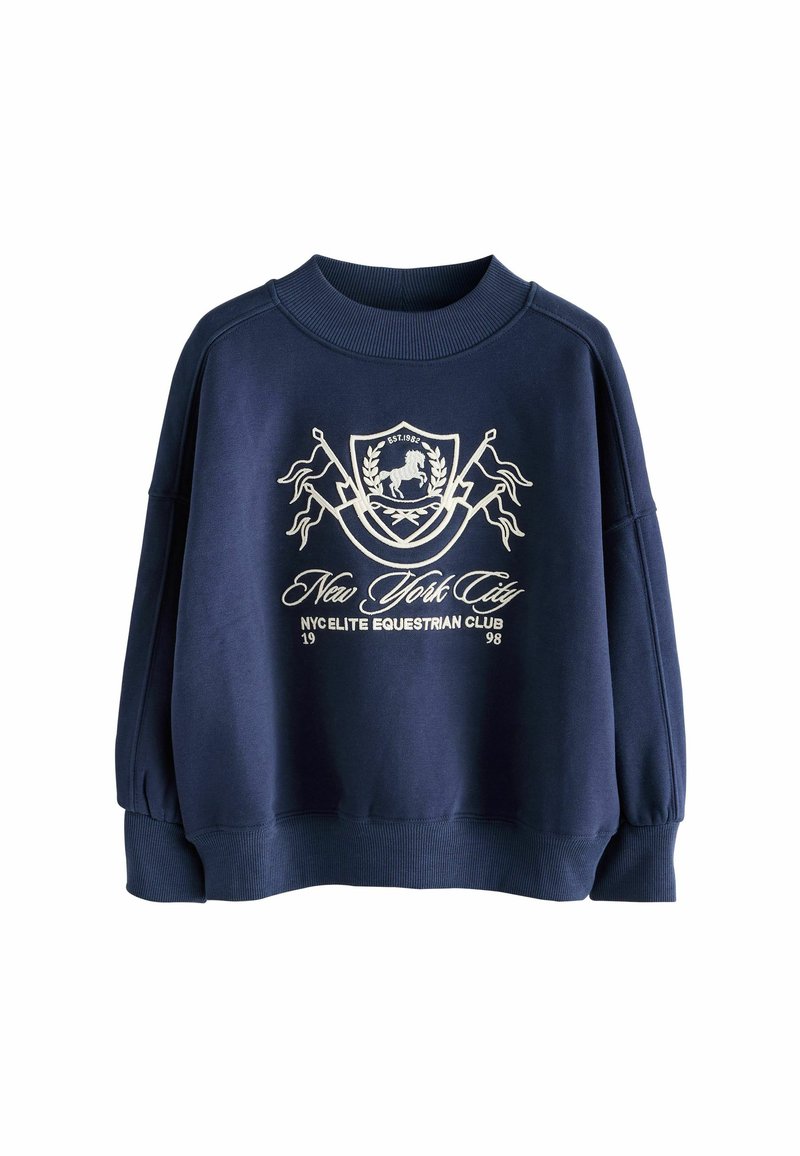 Navy blue sweatshirt with a relaxed fit, featuring a white equestrian-themed graphic and text design. Ribbed neckline and cuffs.