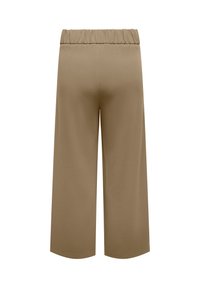 Μπεζ παντελόνι φαρδύ και κομμένο πάνω από τον αστράγαλο με ελαστική μέση, λείο ύφασμα και χωρίς ορατές τσέπες ή στολίδια, εμφανιζόμενο από πίσω.