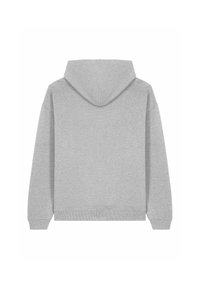 Felpa grigia con un grande cappuccio, maniche lunghe e polsini a coste. Realizzata in tessuto morbido, presenta una texture semplice e liscia senza motivi.