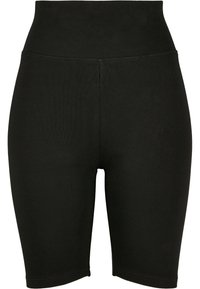 Schwarze, high-waist, knielange, dehnbare Radshorts mit einem breiten Bund und einem glatten, enganliegenden Design.