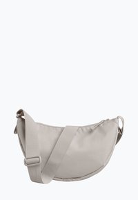 Borsa a tracolla beige chiaro con forma arrotondata, realizzata in tessuto liscio, con chiusura a zip e tracolla regolabile.