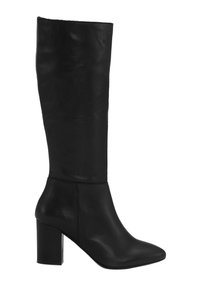 Bottes en cuir noir montant jusqu'aux genoux, avec un bout pointu et un talon bloc, texture lisse, sans ornements ni fermetures visibles.