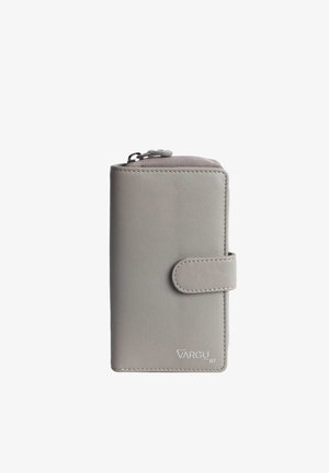 Gray leather wallet with a smooth texture, rectangular shape, a snap closure, and a visible zipper compartment, featuring a logo on the front.