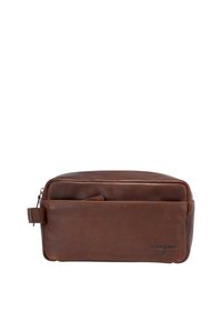 Neceser de cuero marrón con forma rectangular, cierre superior con cremallera, bolsillo frontal y un asa lateral para facilitar el transporte.