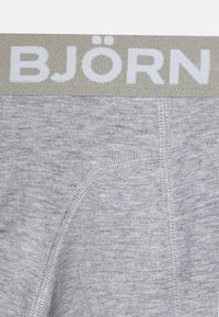 Sous-vêtements en coton gris avec une texture douce, une ceinture contrastante gris clair portant le mot « BJÖRN » imprimé en lettres blanches en gras.